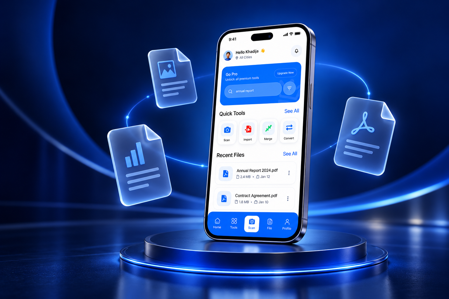 ApexPDF phone mockup with blue document tools