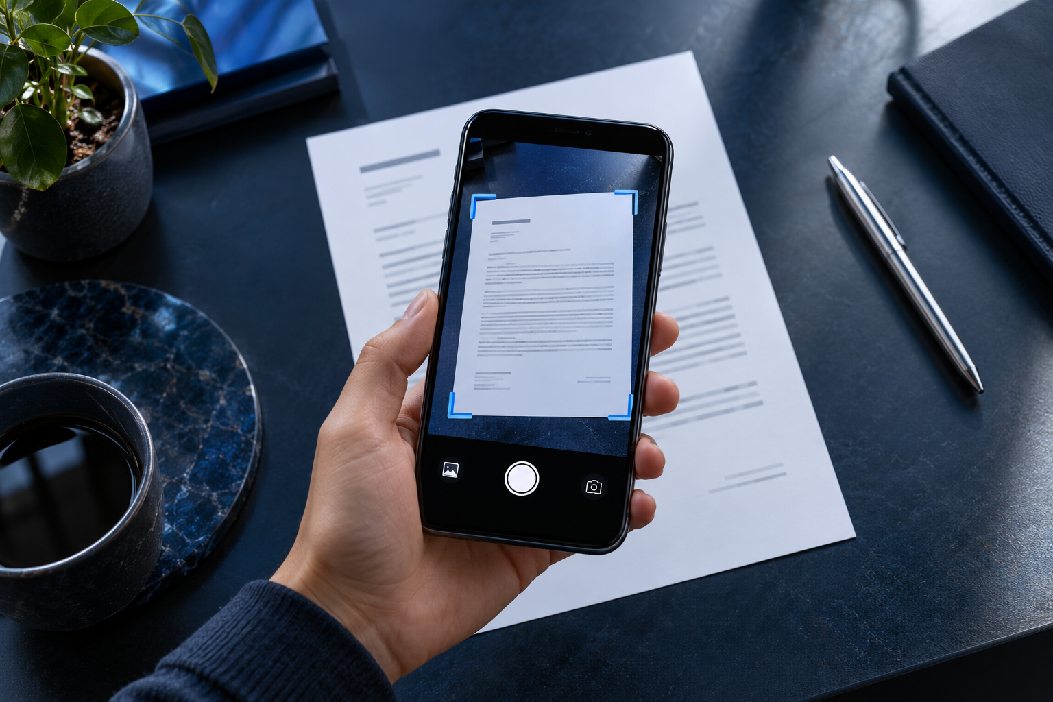 Illustrative AI scene of scanning a document with a phone