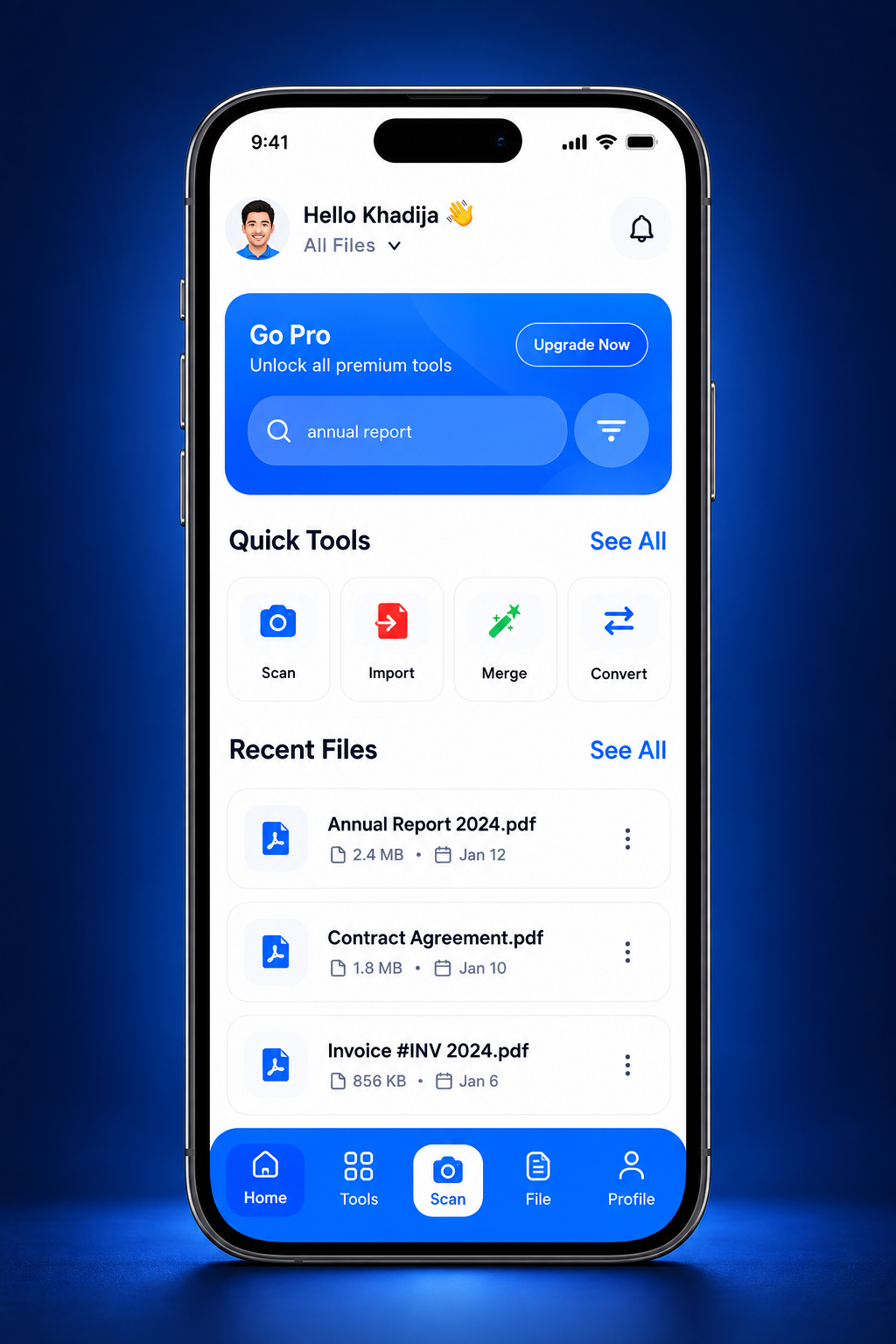 Illustrative ApexPDF home dashboard phone mockup