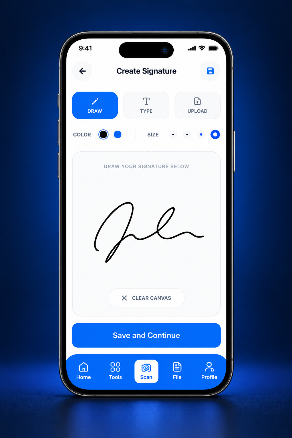 Illustrative ApexPDF signature editor phone mockup